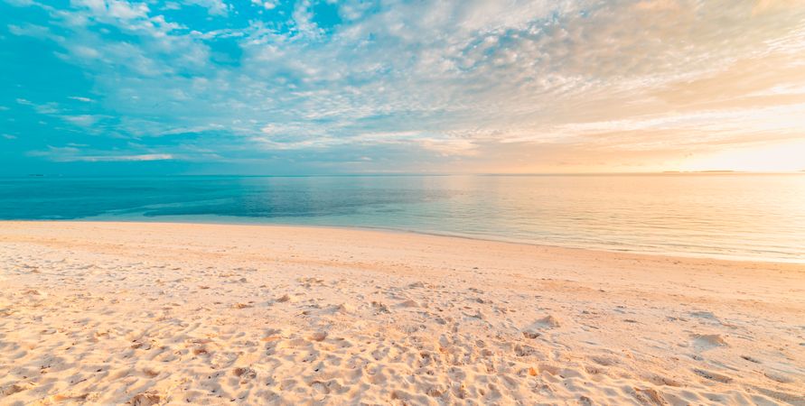 Wide shot of tropical sandy beach with idyllic blue waters