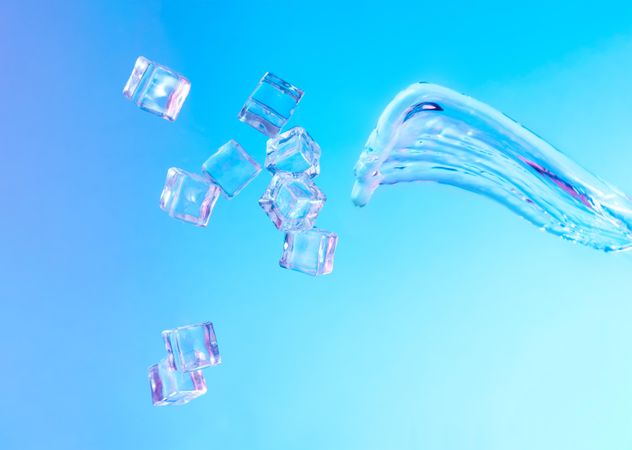 Ice cubes and splash of water in vibrant bold gradient purple and blue holographic color lights