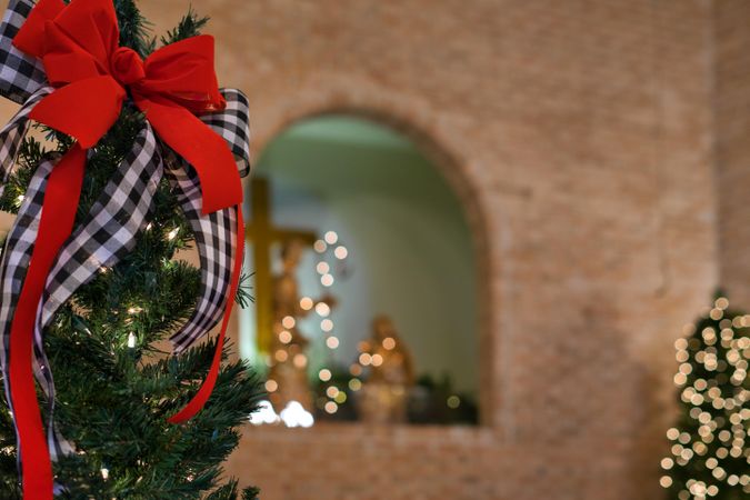 Close-up shot of Christmas garland in church