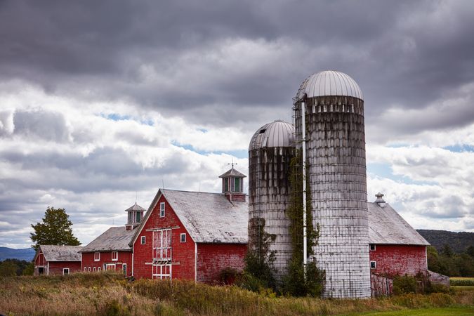 Barn with two silos near Fairfax, Vermont
