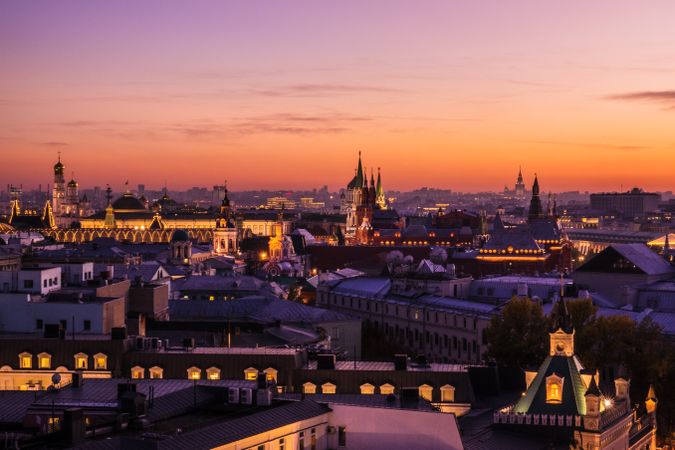 Aerial view of Moscow's skyline at sunset