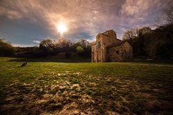 Old building on field near trees
