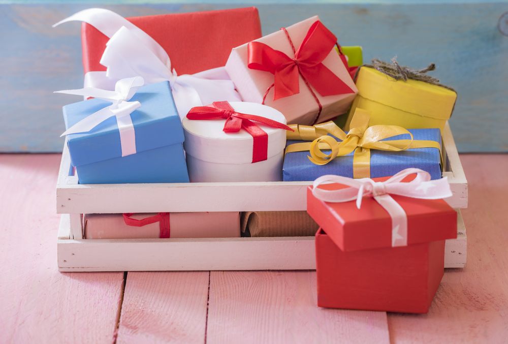 Many gifts in a wooden crate