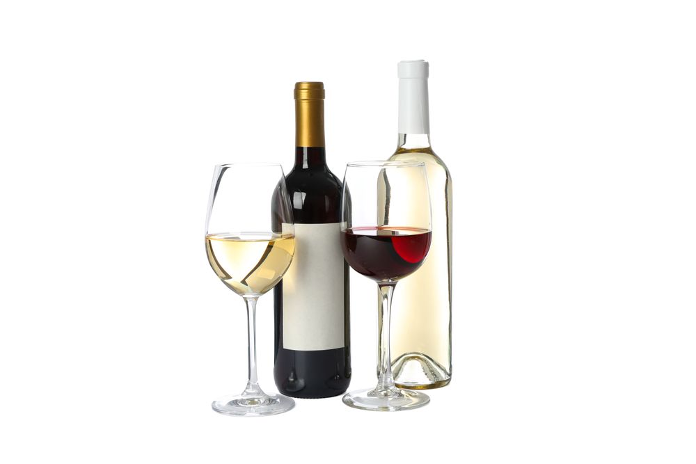 Bottles and glasses with wine isolated on plain background