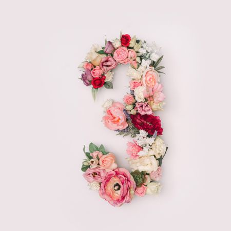 Number 3 made of real natural flowers and leaves