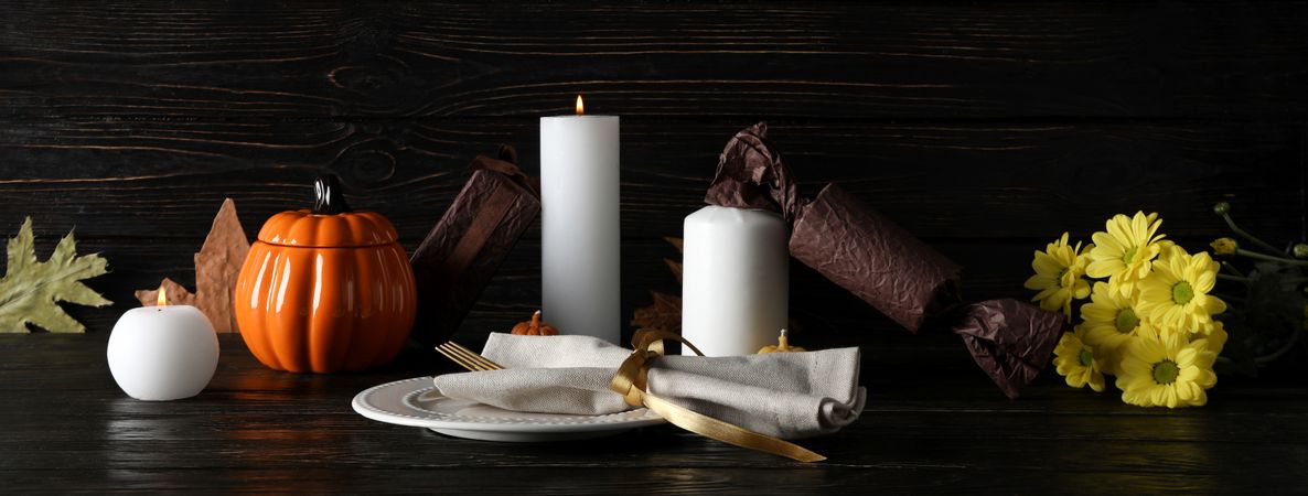 Concept of Thanksgiving day, Autumn table setting on wooden background