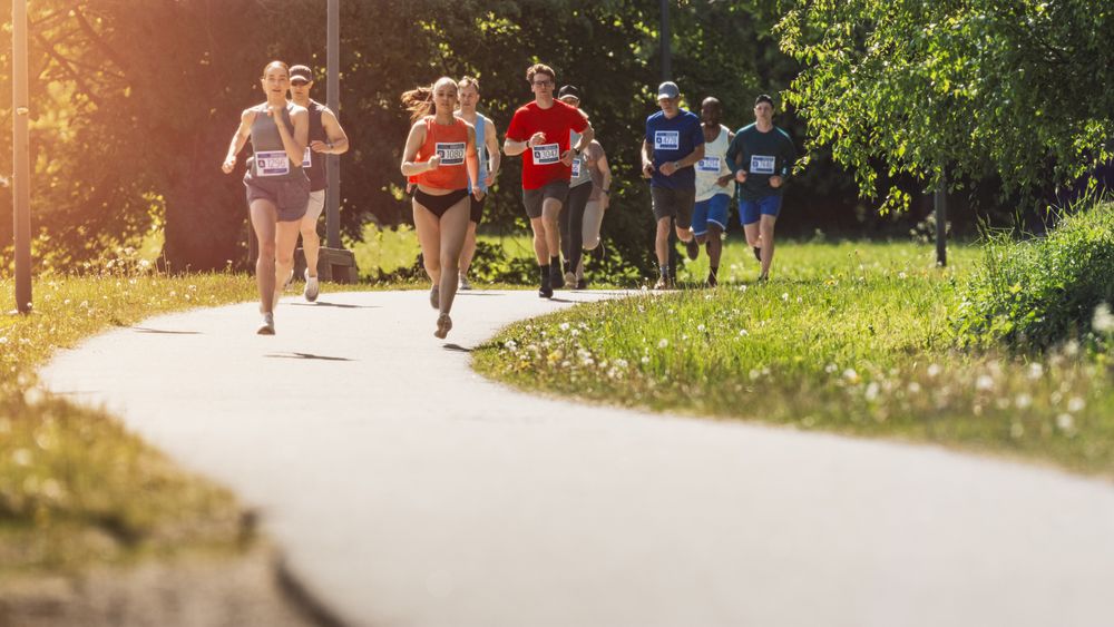 Wide Shot of Diverse Marathon Participants Competing in a Race for the Finish Line