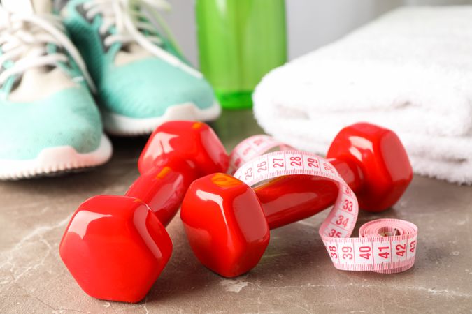 Loss weight accessories on grey table, close up