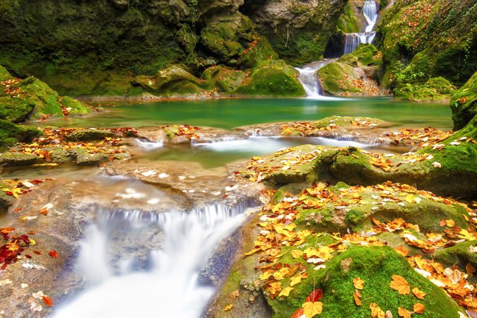 Amazing waterfalls of aquifer with bright vegetation