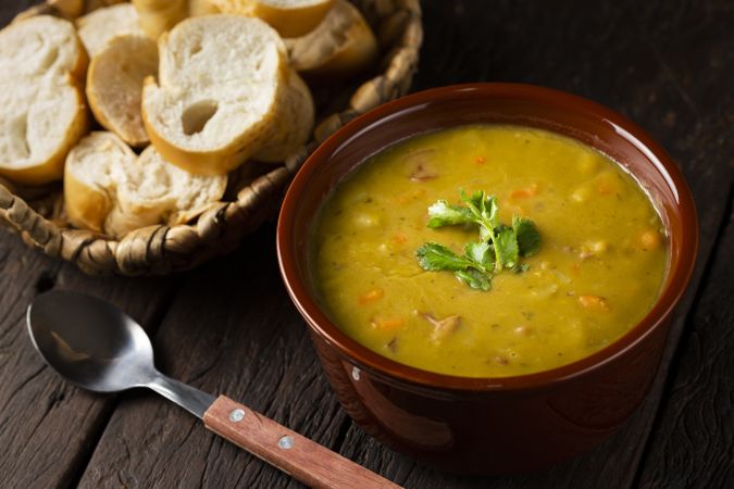 Pea soup. Bowl with pea soup on the table