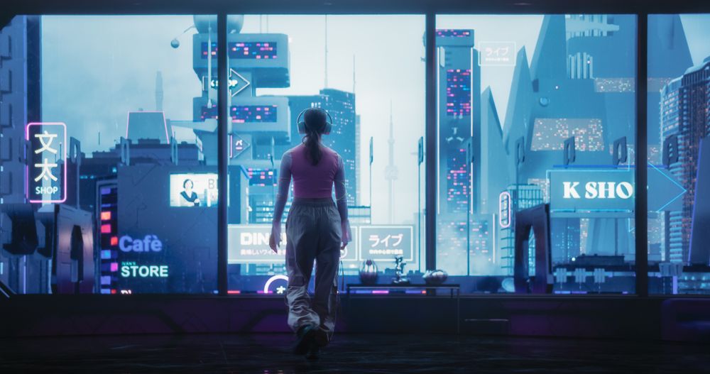 Young Female Enjoying the Window View in a Cyberpunk Reality