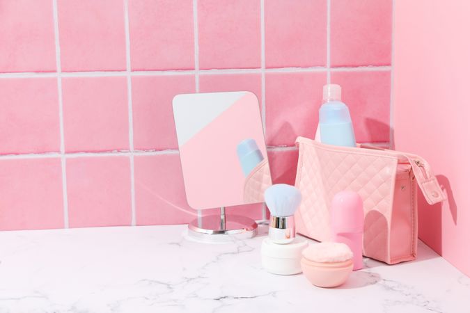 Bath accessories, toilet bag, space for text