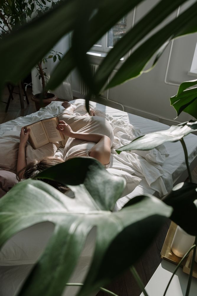 Woman laying on bed covered with blanket reading a book