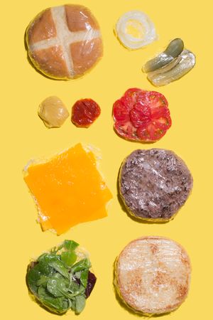 Ingredients of a cheese burger wrapped in plastic