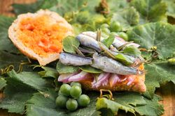 Open harvest sandwich with sardines, meat and different vegetabl