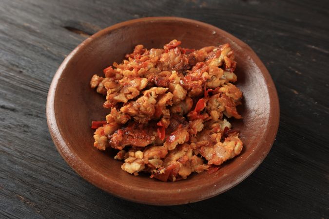 Sambal Tempeh, Spicy Crushed Tempe on Earthenware