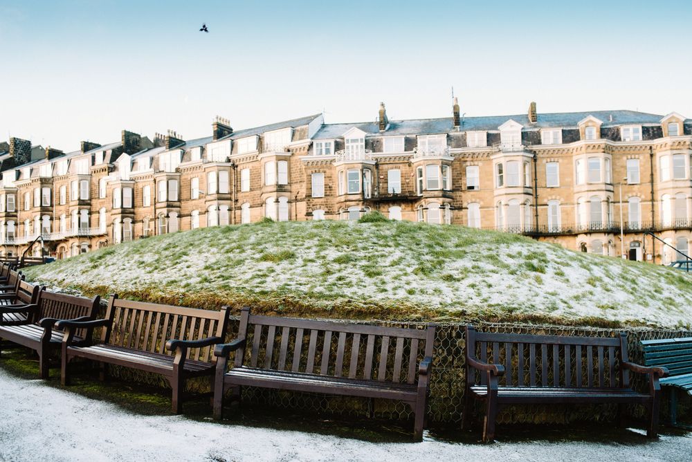 Benches and hoarfrost grass in town