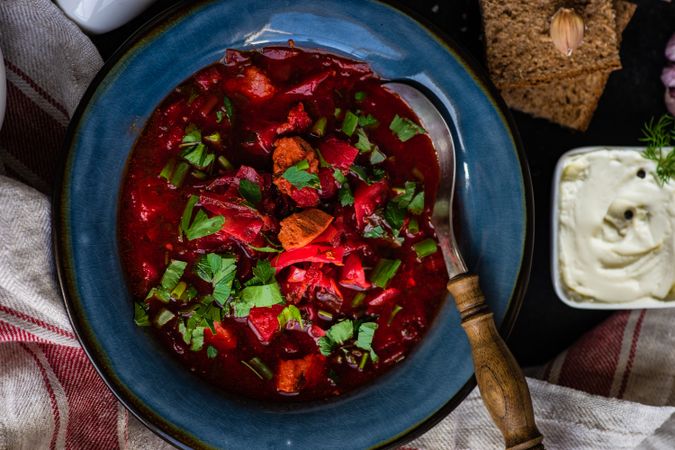 Close up of Ukrainian beetroot soup borscht