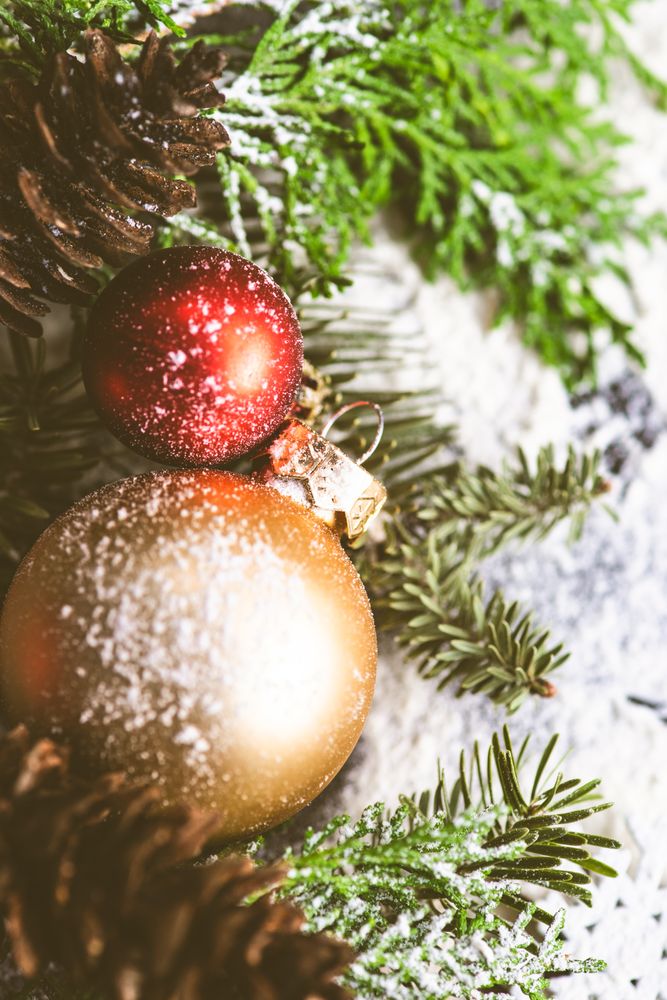 Christmas card concept of snowy red and golden baubles