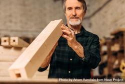 Mature man with block of wood in workshop 5aDAG0