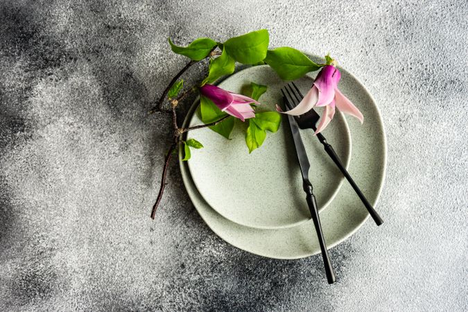 Top view of magnolia branches on table setting