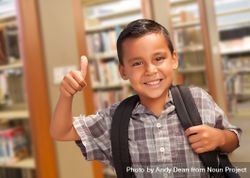 Hispanic Student Boy with Thumbs Up in the Library 5qkxD1