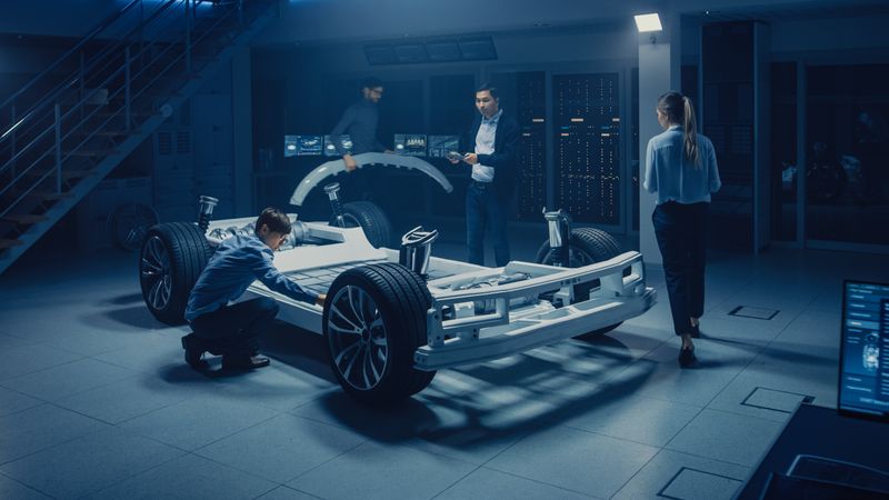 Team of Automotive Engineers Working on Electric Car Platform Chassis