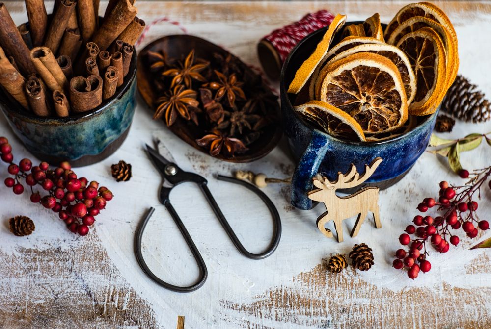 Dried orange slices and anise star and cinnamon sticks on table