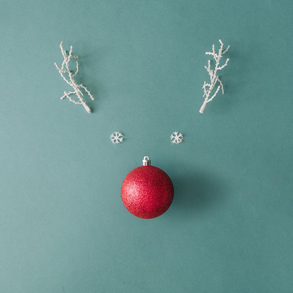 Rudolph the Red-Nosed Reindeer face made with holiday decorations on blue background