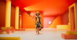 Black Woman in African Outfit Dancing Energetically in Geometric Abstract Orange Environment. Creative Female Performing Dance Choreography in a Studio, Making Moves, Having Fun.
