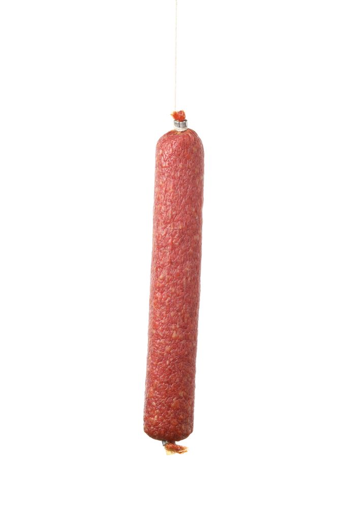 Encased cured meat hanging on string on blank background
