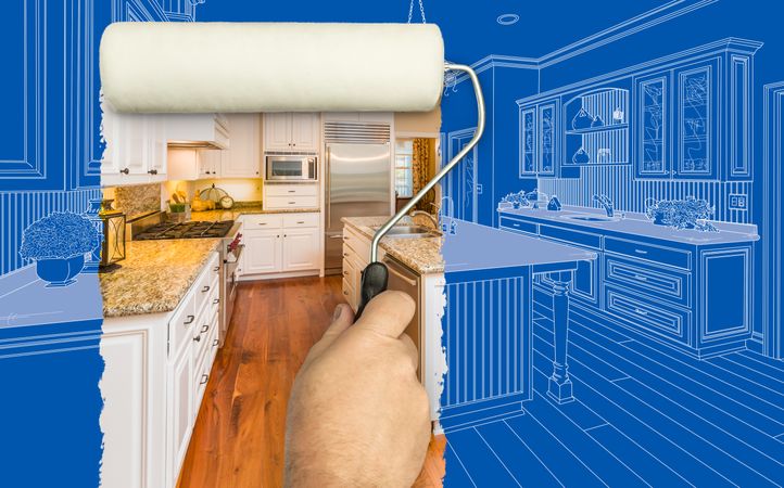 Before and After of Man Painting Roller to Reveal Custom Kitchen Photograph Under Blueprint Sketch Drawing Plans.
