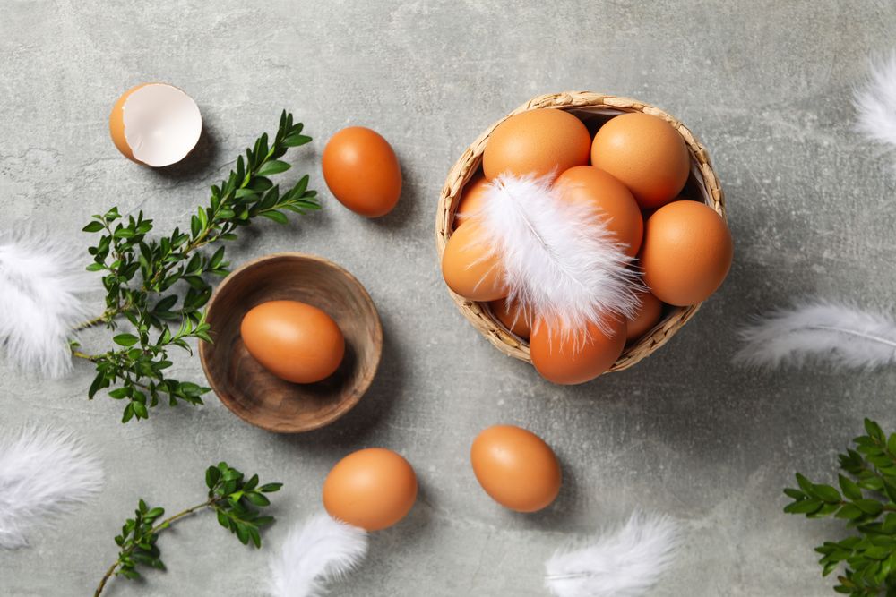 Concept of natural farm product - eggs, top view