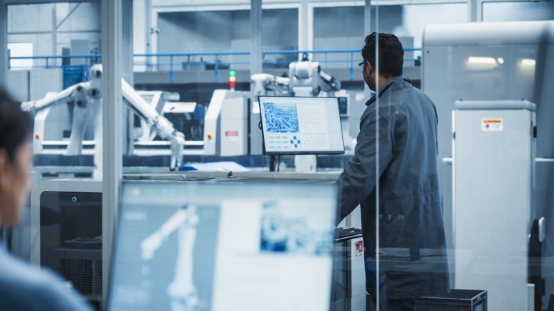 Hispanic Female Automation Technician Using Desktop Computer to Control Automated Production With Robotic Arms On Modern Electronics Factory, While Indian Assembly Line Worker Using Solder Jet Printer