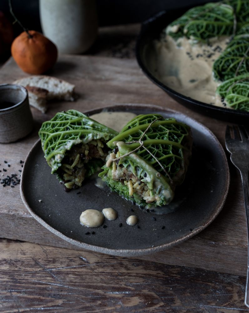 Cabbage rolls stuffed with rice on plate