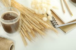 Close up of yarn, notebook and dried willows