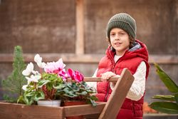Adorable little boy near wooden garden cart with potted flowers
