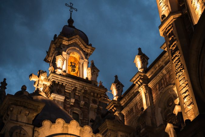 Cathedral exterior illuminated in night time