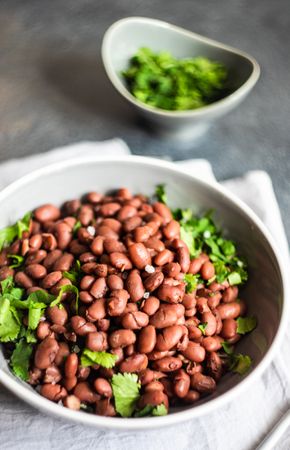 Bowl of Georgian lobio dish atop napkin with cilantro