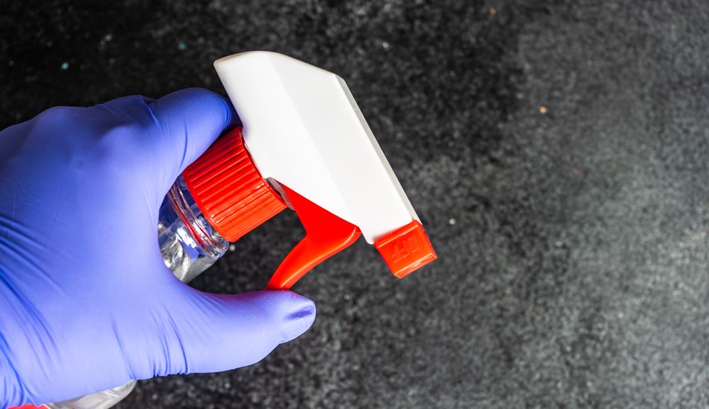 Top view of hands wearing purple latex gloves holding spray bottle