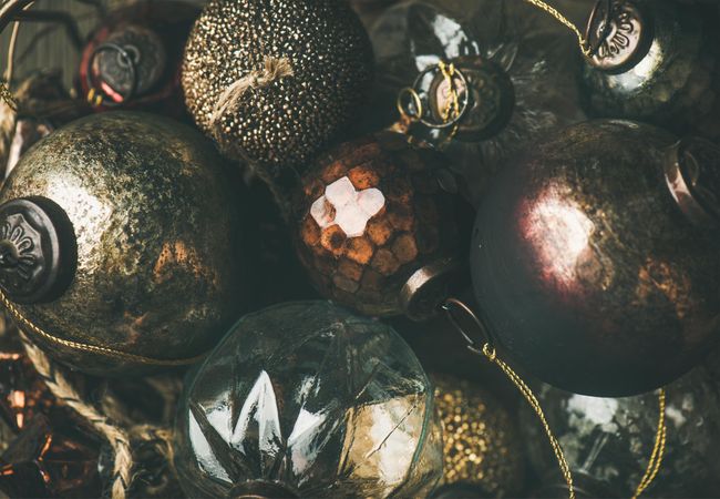 Christmas tree decorations in close up