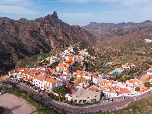 Drone view of city in mountain valley