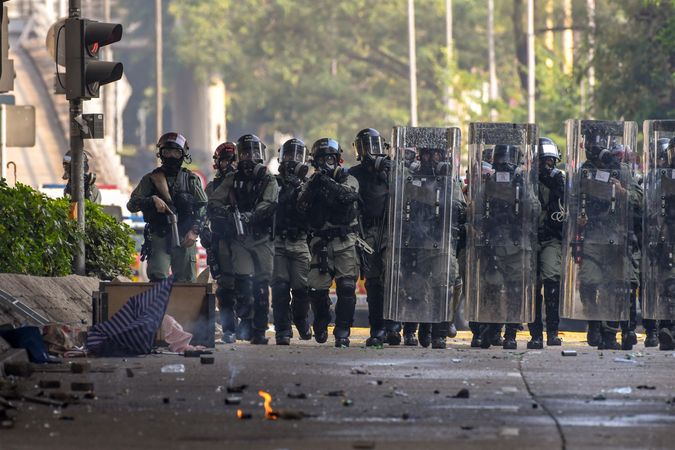 Hong Kong's police officers in full riot gear during the protest