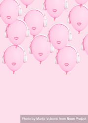 Many pink balloons with lips wearing headphones with copy space 42Q8m5