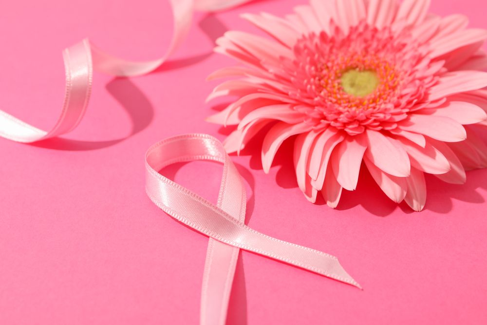 Pink awareness ribbon and gerbera on color background, space for text.