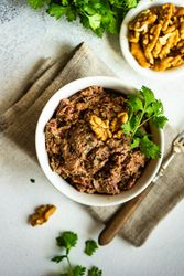 Top view of traditional Georgian bean dish - lobio with walnut