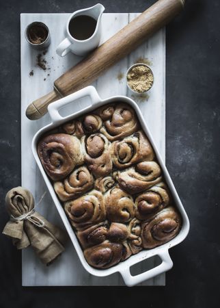 Baking dish with cinnamon rolls