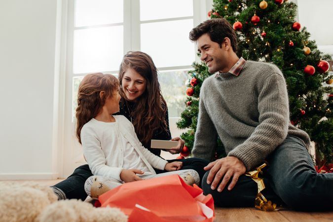 Family enjoying Christmas at home in front of tree