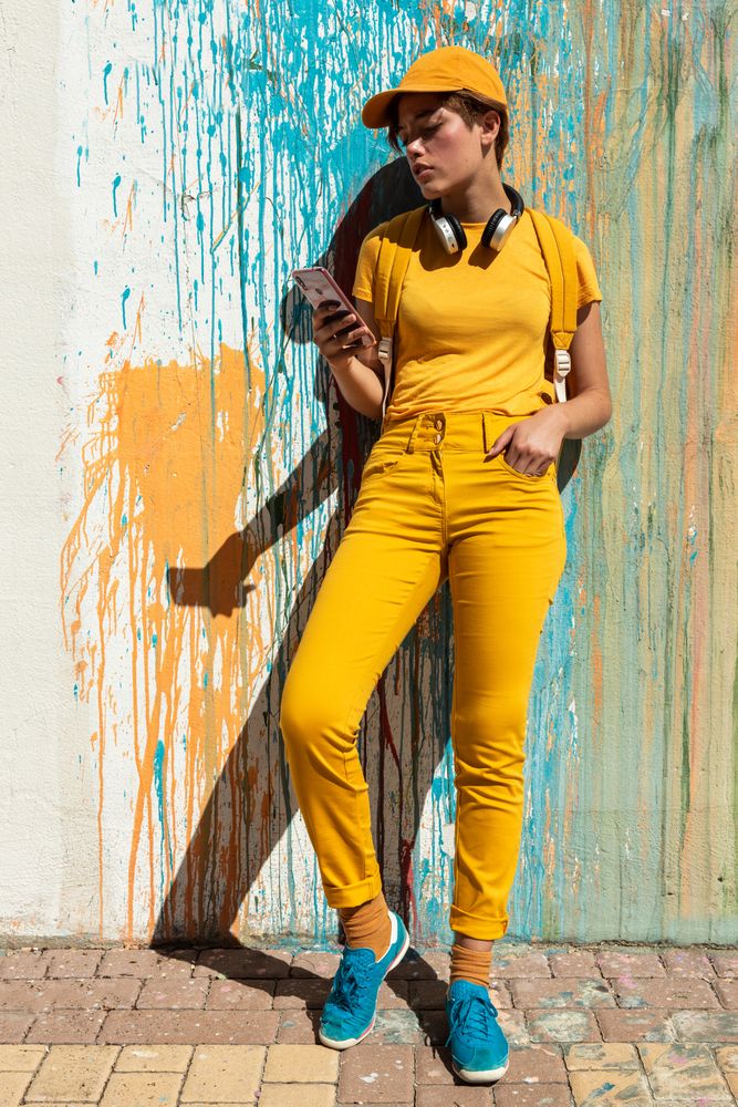woman against painted wall using mobile phone