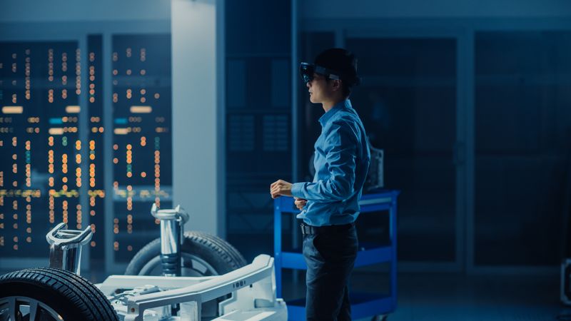 Automotive Engineer Working on Electric Car Chassis Platform, Using Augmented Reality Headset.